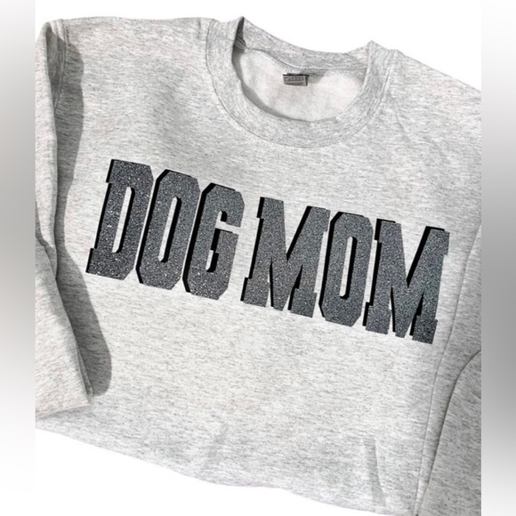 Tops - Dog Mom Crewneck, Heather, Grey Glitter lettering, Small, custom made